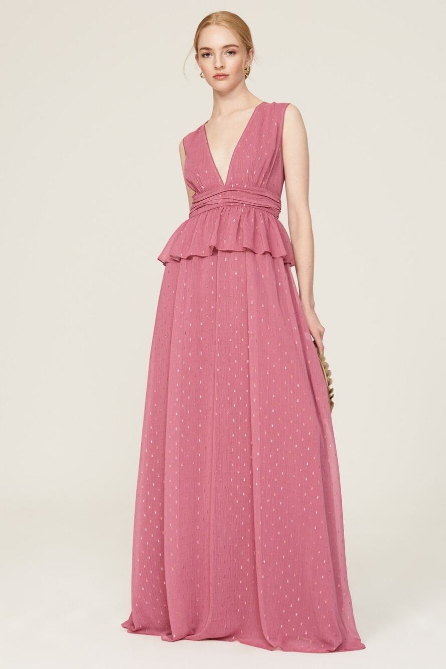 LDT Peplum Waist Gown Women's Plus 14 Pink Rose Sleeveless V-Neck Maxi RTR